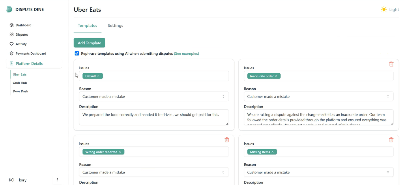 Activity feed showing every automation action, disputes raised, and success or failure states.