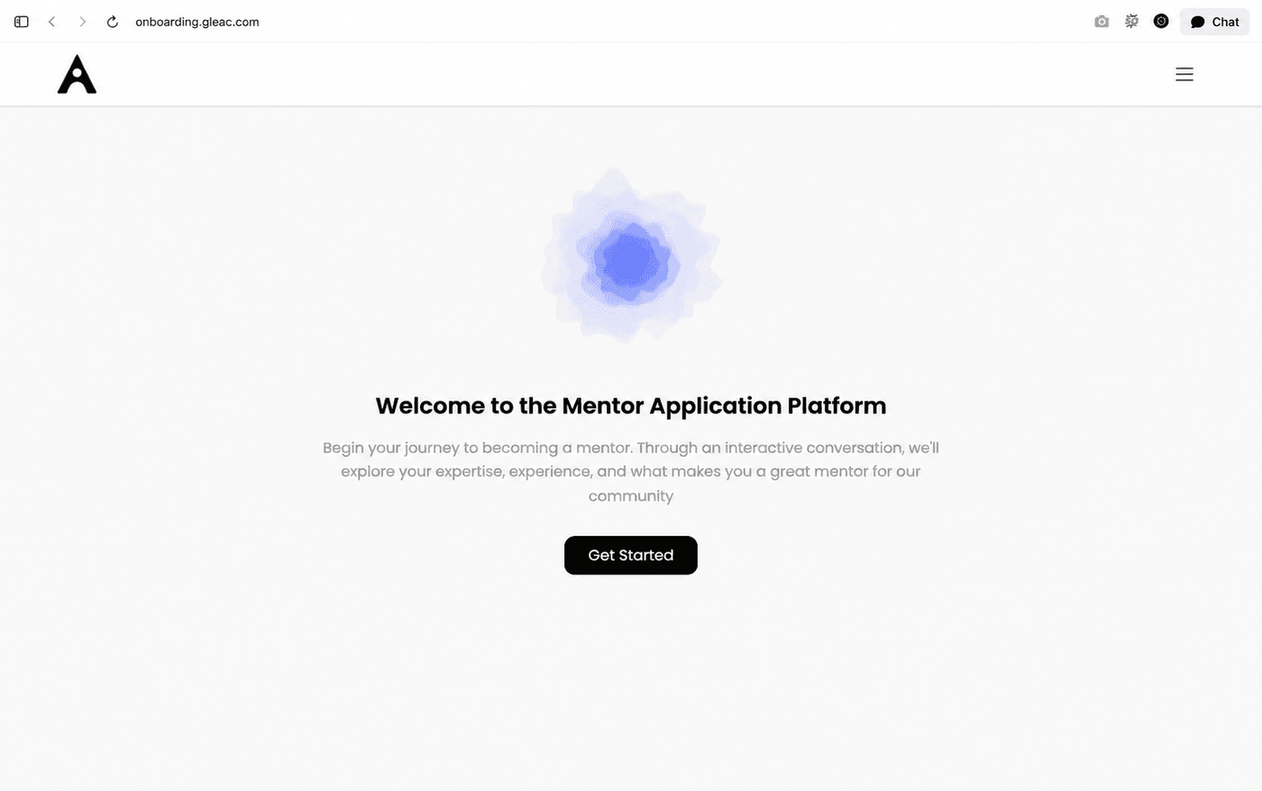 GLEAC mentor application platform welcome screen with a Get Started button