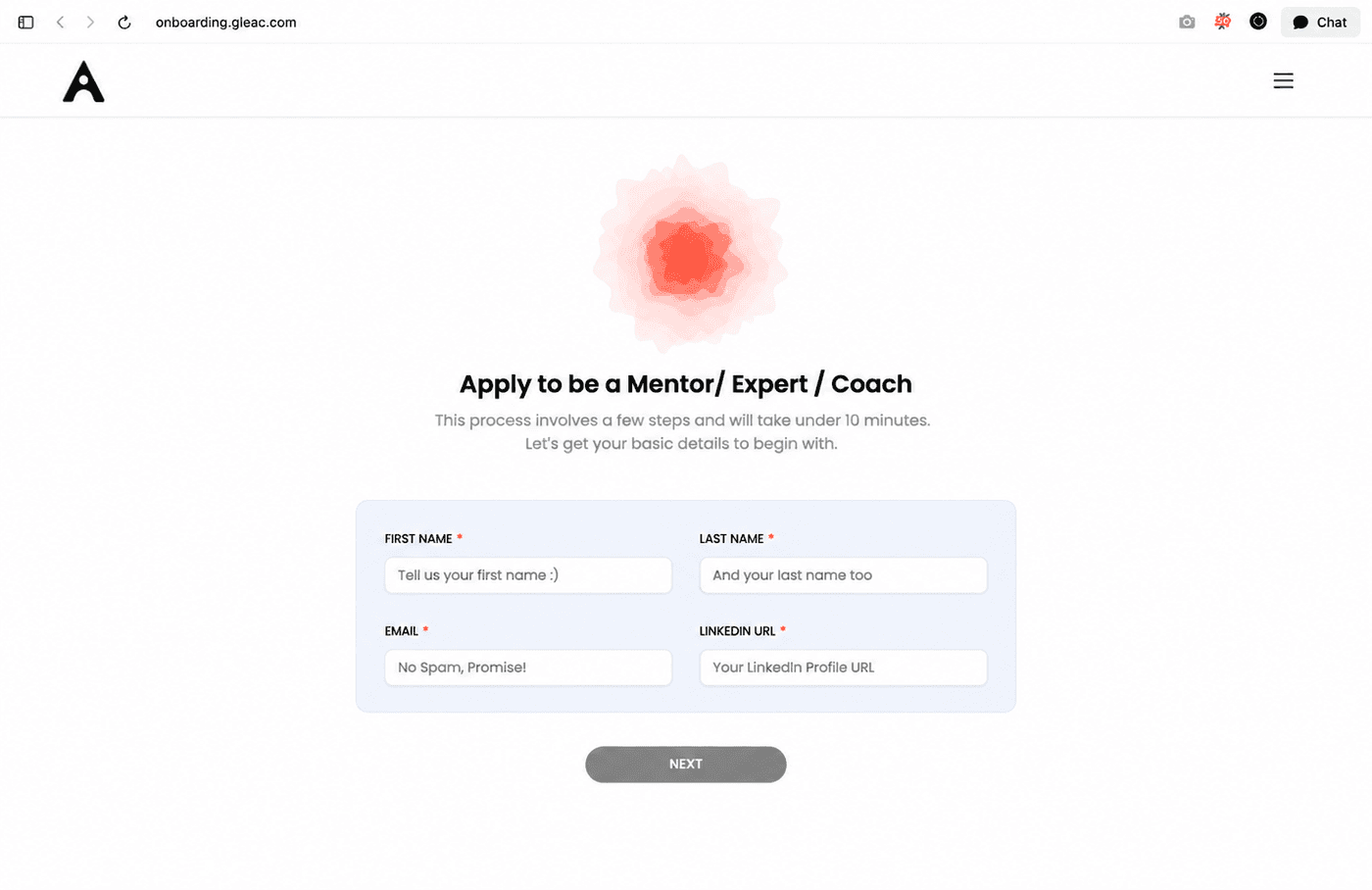 GLEAC application form asking for first name, last name, email and LinkedIn URL